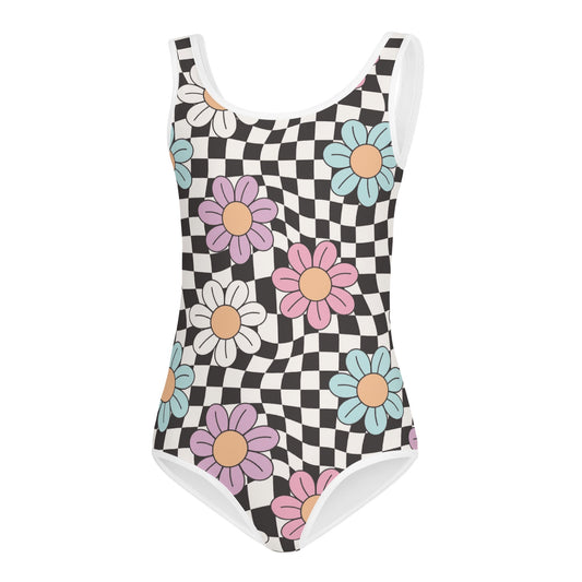 Retro Checkered Wavy Daisy Kids Swimsuit